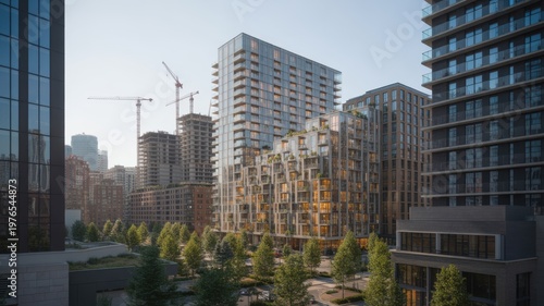 Modern Apartment Buildings Under Construction with Green Spaces and Cranes in Urban Cityscape