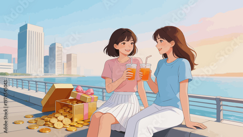 Two women sitting by waterfront with drinks and coins