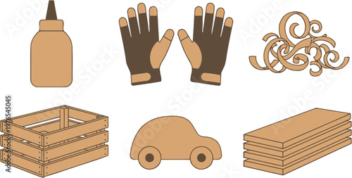 Workshop Supplies and Simple Wooden Objects Flat Vector Pack Featuring Wood Glue Glue Bottle Work Gloves Wood Shavings and Slatted Crate Isolated
