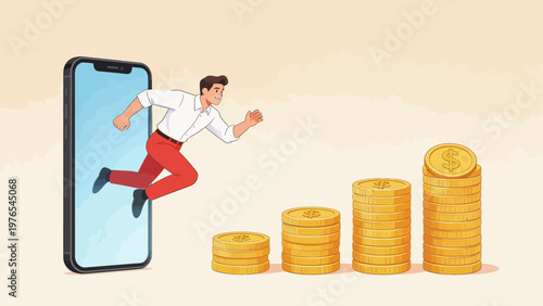 Man running out of smartphone with coins