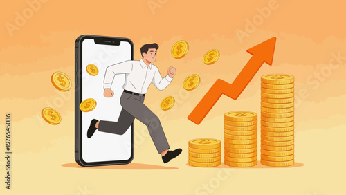 Man running from phone with coins