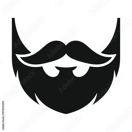 A stylized black and white illustration of a full beard with mustache