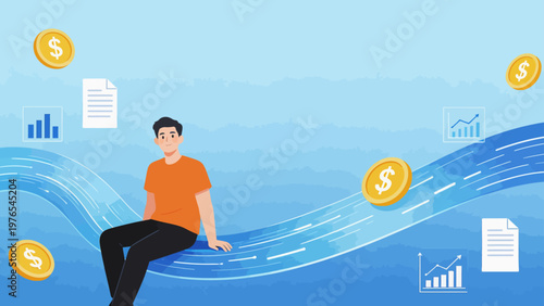 Man sitting on flowing money and data