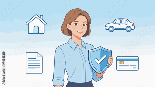 Woman holding shield with icons around