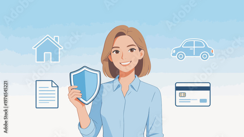 Woman holding shield with icons