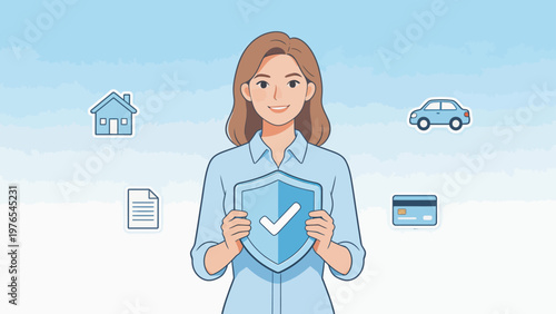 Woman holding shield with icons around