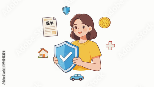 Woman holding shield with insurance symbols