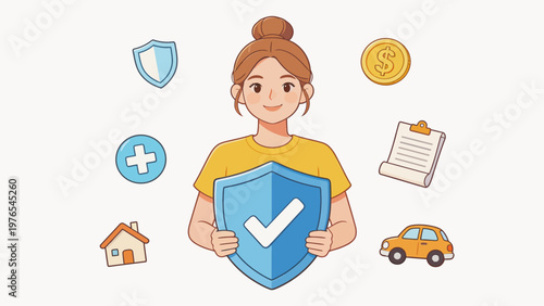 Woman holding shield with icons around