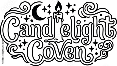 Black and white calligraphic candlelight coven lettering with crescent moon and stars