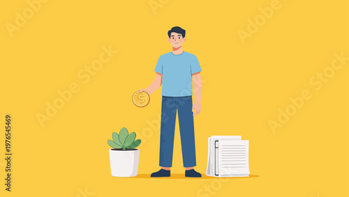Man holding coin with plant and papers