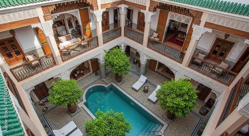 Aerial view of a Moroccan riad, central courtyard, mosaic tiles, swimming pool, interior architecture, exotic.-gigapixel