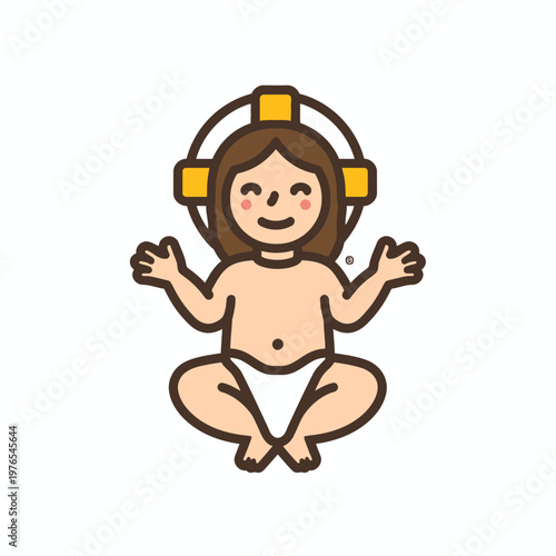 Illustration of a peaceful figure with a halo. The figure is sitting in a meditative pose with a serene smile.