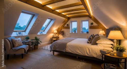 Attic conversion bedroom, dormer windows, exposed beams, cozy lighting, home renovation.-gigapixel