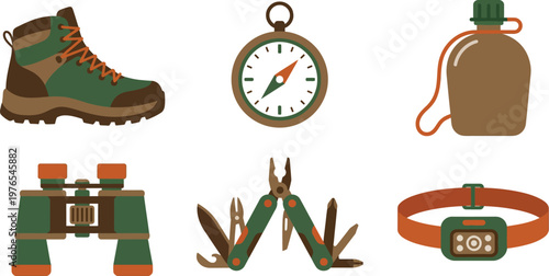 Adventure Travel and Hiking Equipment Flat Vector Pack Featuring Hiking Boot Compass Canteen Binoculars and Multi-tool Isolated on White