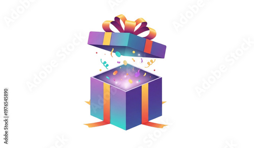 Title:
Isometric surprise gift box with open lid and confetti editable vector illustration isolated on white