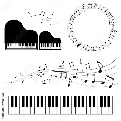 音楽モチーフのイラストセット　五線譜のフレームイラスト　ピアノ　鍵盤