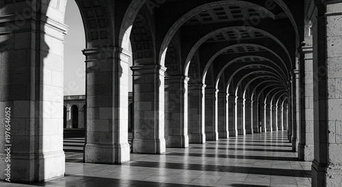 Black and white photo of a colonnade, repeating arches, strong shadows, classical architecture, symmetry.-gigapixel