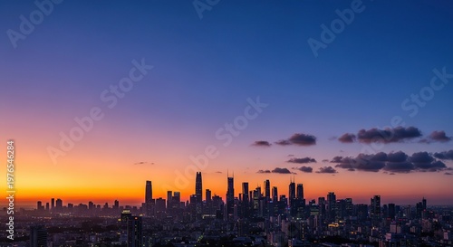 City skyline silhouette at sunset, gradient sky, iconic buildings, financial district, panoramic, travel destination.-gigapixel