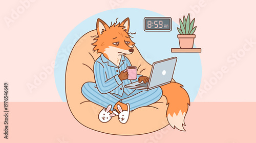 A cartoon fox sits on a beanbag chair working on a laptop with a coffee cup in a cozy home setting with soft pastel colors.