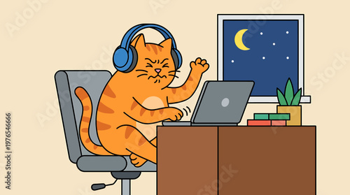 An orange tabby cat wearing blue headphones sits at a desk with a laptop and books in a home office setting with a nighttime window view.