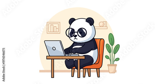A cartoon panda bear sitting on an orange chair working on a laptop at a wooden desk with a potted plant nearby in a minimalist room.