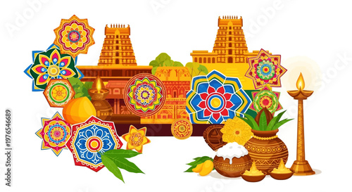 Vibrant vector art celebrating the Tamil New Year featuring traditional kolam patterns, temple towers, and auspicious elements like coconuts and citrus fruits, set against a clean white