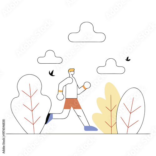 Flat vector illustration of a man running outdoors, sporty young male character jogging with energetic pose, wearing athletic clothes, surrounded by stylized plants, clouds, and small birds, minimal l