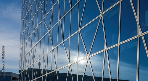 Close-up of a modern glass curtain wall, blue sky reflection, geometric patterns, architecture detail, corporate background.-gigapixel