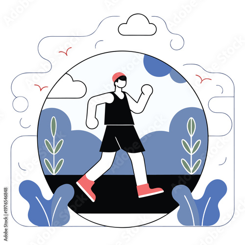 Flat vector illustration of a man running outdoors, sporty young male character jogging with energetic pose, wearing athletic clothes, surrounded by stylized plants, clouds, and small birds, minimal l