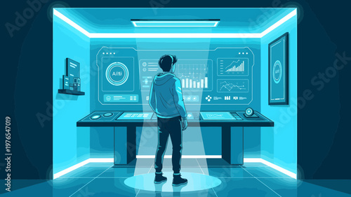 Man wearing VR headset interacting with futuristic digital interface.