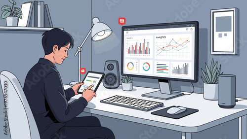 Man working diligently at his desk with multiple screens.