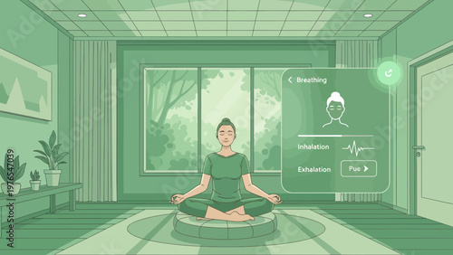 Person meditating in a serene room with digital interface.