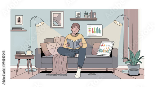 Person reading a book on a couch.