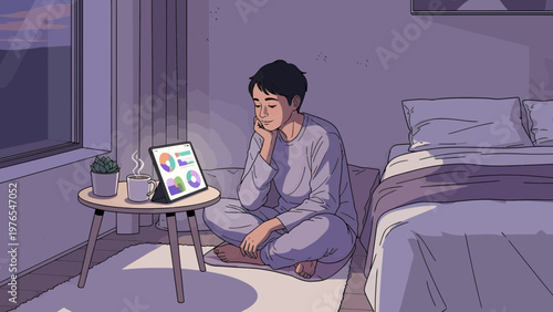 Person sitting on floor looking at tablet screen.