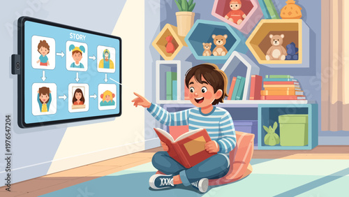 Young boy learning with digital screen and book.