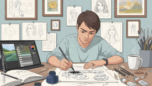 Young man artist diligently drawing in his studio.