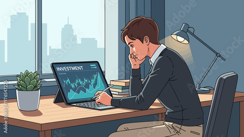 Young man intently studying stock market charts on a tablet.