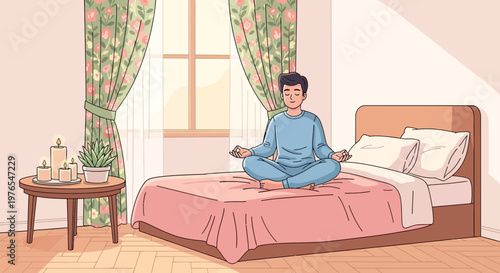 Young man meditating peacefully on a bed.
