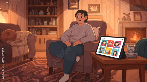 Young man sitting comfortably in armchair with tablet displaying video call.