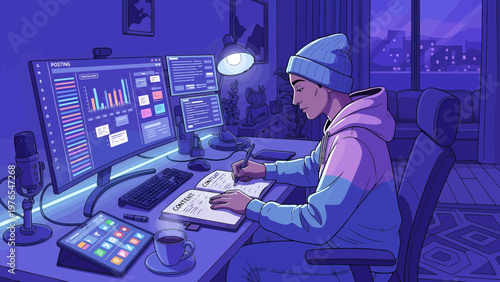 Young man working diligently at his computer desk.