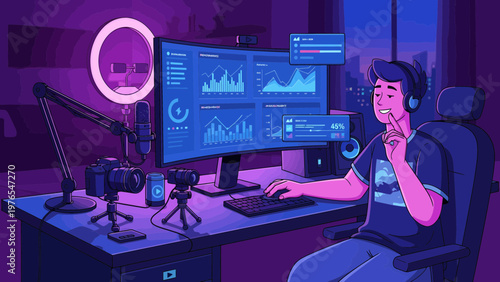 Young man working on computer with headphones and microphone.