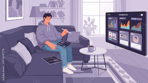 Young man working on digital tablet on sofa.