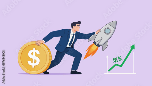 Businessman pushing coin and rocket