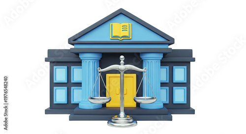 3D Illustration of a Courthouse with Scales of Justice