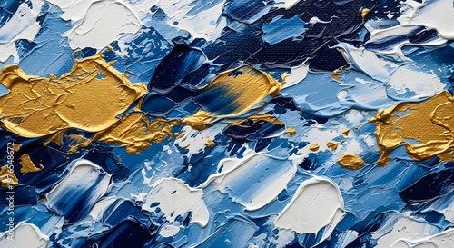 Abstract Impasto Painting with Rich Blue, White, and Gold Textured Brushstrokes Art Background