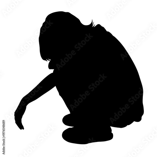 A silhouette of a person crouching with head down and one arm extended.