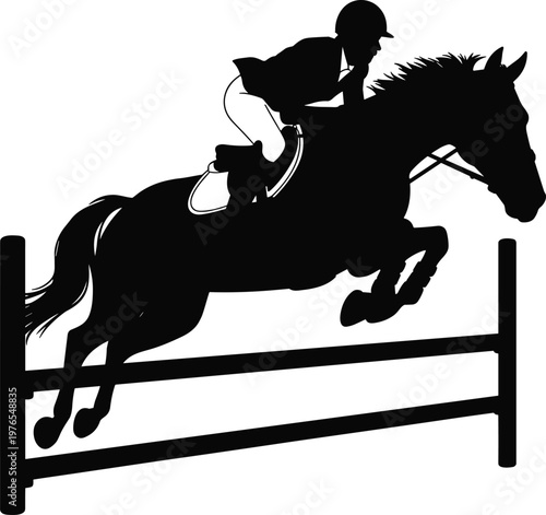 PrintEquestrian jumping silhouette, horse rider vector, show jumping sport, fence obstacle, dynamic motion, black outline, competition icon, athletic design, editable illustration, sports art