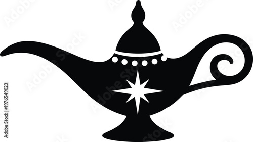 PrintMagic lamp silhouette illustration, fantasy folklore symbol, wish granting icon, mystical decor, ornate vector artwork, Aladdin inspired design, magical concept art