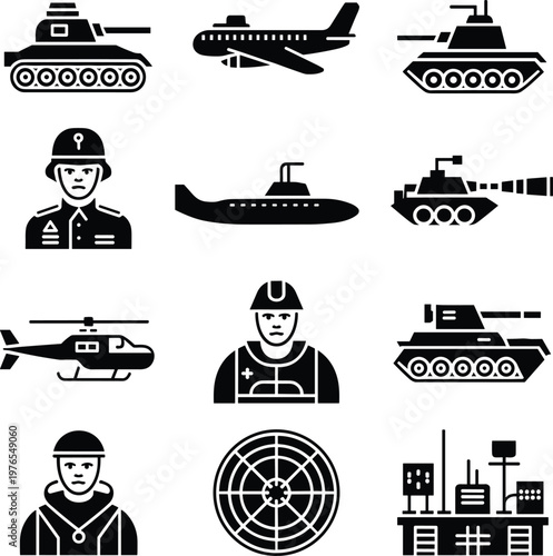 PrintMilitary icons, tank airplane submarine, soldier silhouette, helicopter radar, communication command center, defense design, armed forces, war equipment, strategy, security