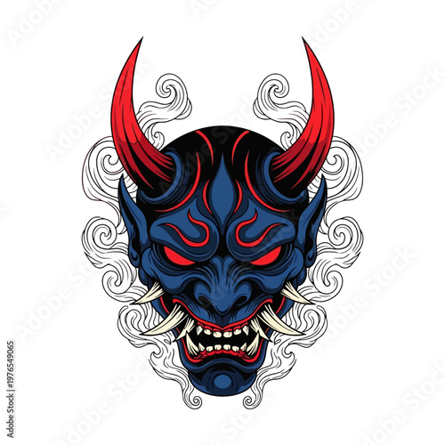 Japanese Oni Demon Tattoo Face Closeup.